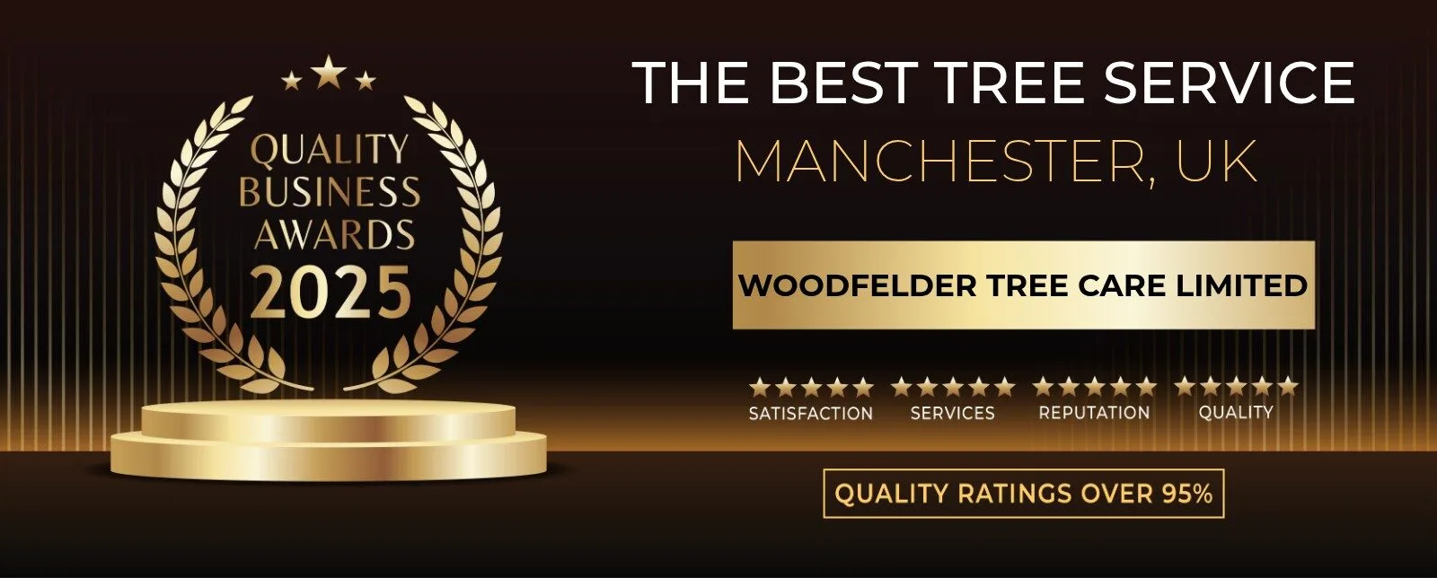 2025 Quality Business Awards banner naming Woodfelder Tree Care Limited as the best tree service in Manchester, UK